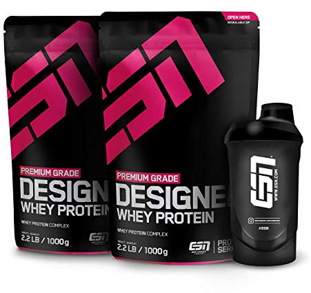 ESN Designer Whey Proteinpulver + Gratis Shaker, Vanille, 2 x 1 kg, bis zu 23 g Protein pro Portion, ideal zum Muskelaufbau und -erhalt - made in Germany