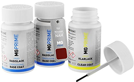 MG PRIME Autolack Lackstifte für Nissan NAH Radiant Red Pearl Metallic +1K | Force Red, Set aus Grundlack + Basislack + Klarlack, Lackfläschchen mit Pinsel, je 50ml