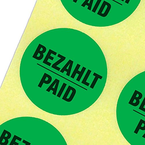 1000 Etiketten BEZAHLT/PAID Haftpapier 30 mm rund leuchtend grün auf Rolle