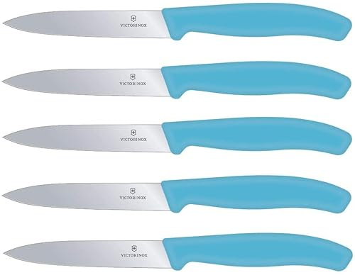 Victorinox 5-tlg Gemüsemesser Set Swiss Classic Limited Edition Karibikblau – 10 cm ohne Wellenschliff – Tomatenmesser