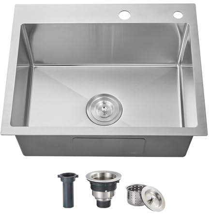 ROVOGO 24 inch Kitchen Sink Drop in 304 Stainless Steel, 24x18 Single Bowl Top Mount, 9 Deep Sink with 2-Hole, Drain Assembly Included, Brushed