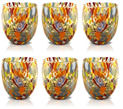 MAZZEGA ART & DESIGN - 6 Verres à Eau Goto, Soufflé et Fait Main avec Murrine de Murano Raffinée et Originale - Les Couleurs de Murano - Modèle Classique 320 ml. Fabriqué en Italie