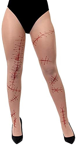 I LOVE FANCY DRESS LTD Collants blancs avec motif cicatrices sanguines - Paire de collants blancs pour femme avec coutures rouges - Collants pour Halloween (34-44)