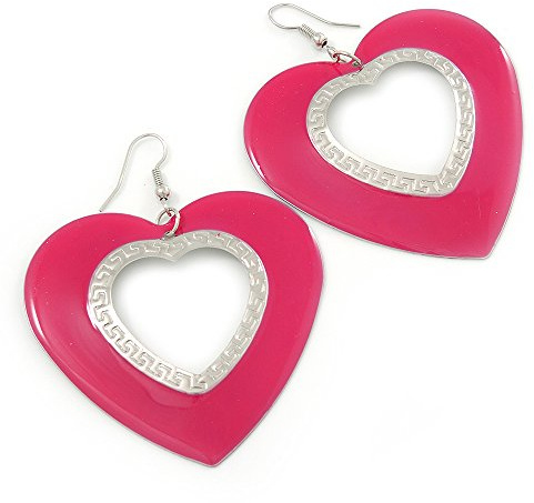 Pendientes de aro grandes de corazón esmaltados fucsia/tono plateado/70 mm de largo, talla única, esmaltado, Sin piedra preciosa