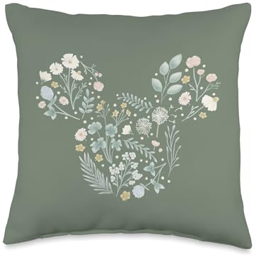 Disney Mickey Mouse Icon Spring Flowers Sage Green Throw Pillow