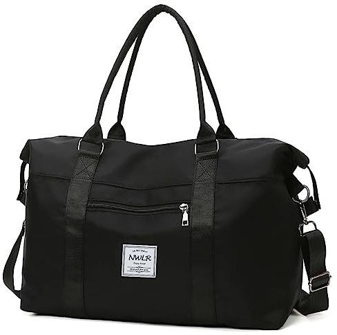 Damen-Seesack für Reisen, Handgepäcktaschen für Flugzeug, wasserdichte Sporttasche, Turnbeutel für Frauen, Wochenend, Übernachtungstasche mit Nassfach, Schwarz, Große Reisetasche mit Trolley-Tasche