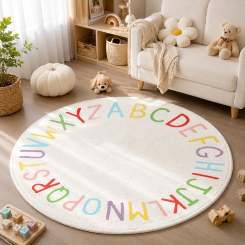SHIPKEY Round Rug, Round Play Rugs for Kids, Colored Alphabet Nursery Area Rug, Kids Bedroom Rug, Non-Slip Mat, Carpet for Living Room (100x100 cm)