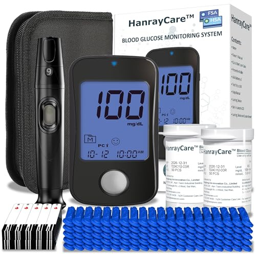 HanrayCare TD-4125 Superior to Most Blood Glucose Monitor Kit-No Coding, 100 Test Strips &Lancets, Accurate&Easy to Use, Larger Backlight Screen, Patented 2+2 Bio-Tech,Diabetes Testing Kit for Seniors