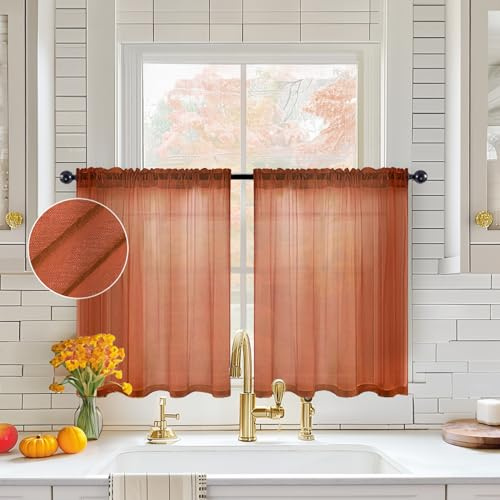 MIULEE Terracotta Sheer Curtains 36 inch Length Kitchen Window Curtains Over Sink, Short Small Curtains for Fall Bathroom Cafe Linen Textured Light Filtering Half Window Tiers Rod Pocket, 2 Panels