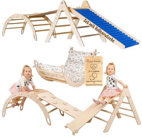 WoodsCraft 4in1 Set: Rollenrutsche, Kletterdreieck, Kletterbogen & Rampe | mit hypoallergen Kissen für Kletterbogen, holz Montessori Klettergerüst indoor, Babyrutsche, Klettern Baby & Kinder