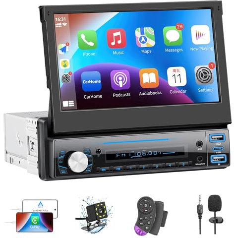 Autoradio 1 Din con Carplay ＆ Android Auto, stereo auto scomparsa con schermo 7 pollici con ricevitori audio per auto Bluetooth, telecamera di backup, Mirror Link, supporto FM/AUX/EQ