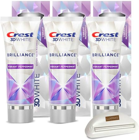 CRST 3DWhite Brilliance Vibrant Peppermint Teeth Whitening Toothpaste, 3-Pack of 4.6 oz – Whitens in 3 Days, Remove 100% More Surface Stains Bundled with LUXPAKS Toothpaste Squeezer