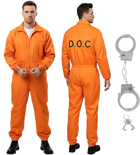 FENGQ Gefängnis Kostüm Orange, Häftling Kostüm Herren Damen, Sträfling Gefangene Kostü, Halloween Prisoner Overall Kostü mit Handschellen für Halloween Karneval Costume(165-180cm)