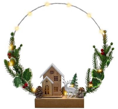Spetebo LED-dekoration med 20 lysdioder med trähus – 30 cm – dekorativ stativ vinterscen med timer – metall adventsdekoration juldekoration