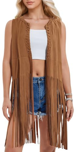 Country Western Long Fringe Vests Cowboy Waistcoat Women 72s Disco Suede Fringed Jacket 3XL Brown