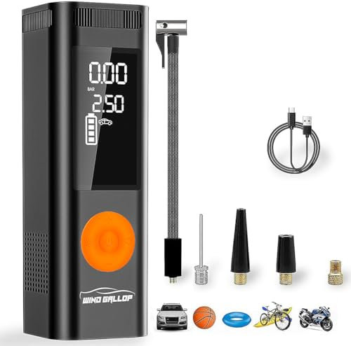 Windgallop Compressore Aria Portatile Auto Kit Gonfiaggio Pneumatici Mini Compressore Portatile A Batteria Con LED 150PSI Gonfia Gomme Auto Portatile Ricaricabile Per Moto Palla Bici (Arancione)