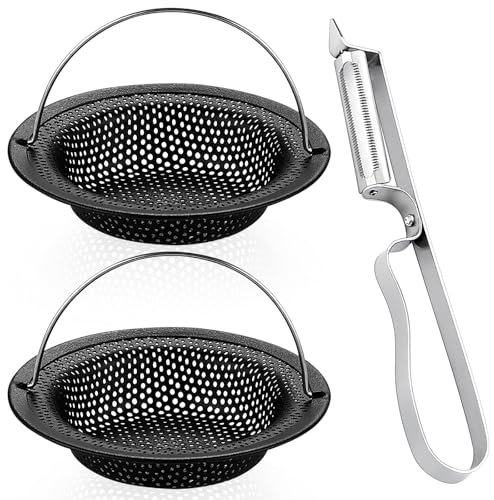 Alovez 2 Stück Abflusssieb Küchenspüle und 1 Stück Universal-Sparschäler Set, Sieb Edelstahl Waschbecken für Küchen Waschbecken Spülbecken Universal Kitchen Sink Strainer Dusche, Schwarz