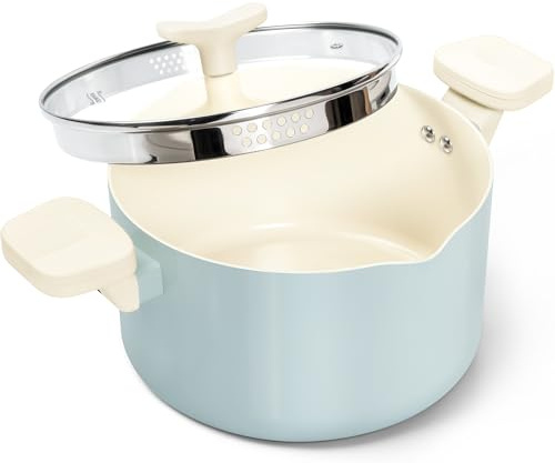 MICHELANGELO Pasta Pot with Strainer Lid - 6 Quart Cooking Pot with Lid, Non Stick Spaghetti Pot Ceramic Coated with Twist and Lock Handles for Easy Draining, Induction Compatible, Soft Aqua