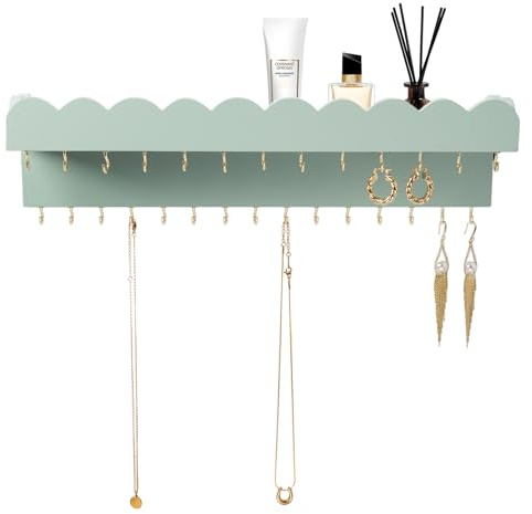 Lampaggio Schmuck-Organizer zur Wandmontage mit 28 Haken und Kosmetikablage, moderner Schmuckhalter aus Holz zum Aufhängen für Halsketten, Armbänder, Ohrringe und Ringe, Grün