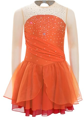 Agoky Mädchen Langarm Eiskunstlauf Kleid Glitzer Tanzkleid Mesh Spleiß Leotard mit Tutu Rock und Slip Dancewear