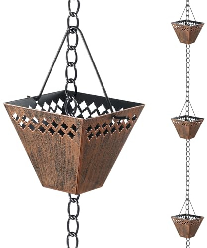 HANAYARD Square Rain Chain Gutter Downspout Copper Rain Chains for Gutters with 12 Cups, Adjustable Rain Catcher Chain with Bell for Outside Water Diverter Garden Decorative Garden, 8.5 Ft