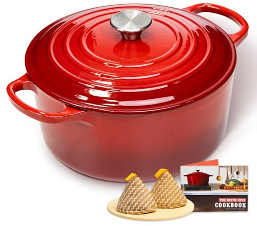Horno holandés de hierro fundido esmaltado, olla de 5.5 cuartos de galón con tapa, apto para horno hasta 260.0 °C y en todas las estufas, utensilios de cocina resistentes para estofar, guisos, asar