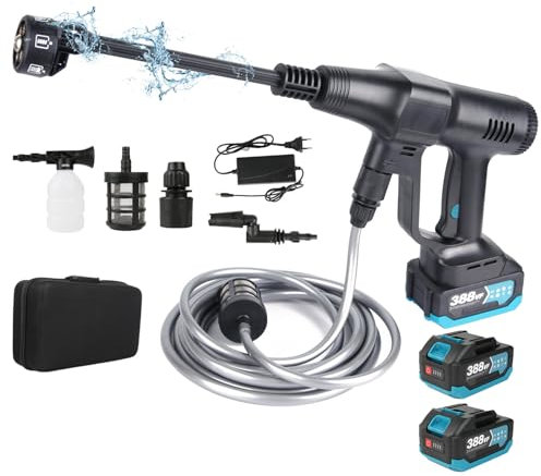 Nettoyeur haute pression sans fil, max. 200 bar, pistolet 6 en 1, buse réglable, tuyau 5 m, pour voiture, terrasse, jardin, clôture, piscine (avec 2 batteries 15000mAh)