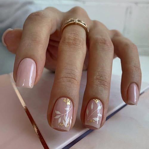 GlamRays Press on Nails Kurze Square Fake Nails Glänzend Klebe Nägel Weiße Acrylnägel Squoval Bling Glitzer Kunstnägel Frühlings Gras Blüten Aufkleber Falsche Nägel 24 Stück