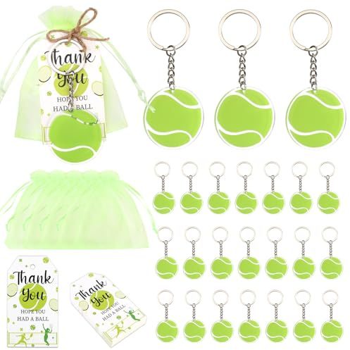 Serencatcher Bomboniere per feste di tennis, set da 24 portachiavi fai da te con nome, biglietti di ringraziamento e sacchetti in organza verde con cordino, per squadre sportive, decorazioni per feste