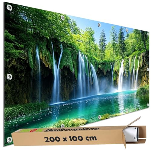 TRIOSK Sichtschutz Balkon Deko Plane Balkonblende Blickdicht mit Motiv Wasserfall Kroatien Krka Park für Garten Terrasse Gartenzaun Balkonverkleidung Blickschutz PVC groß 200x100 cm