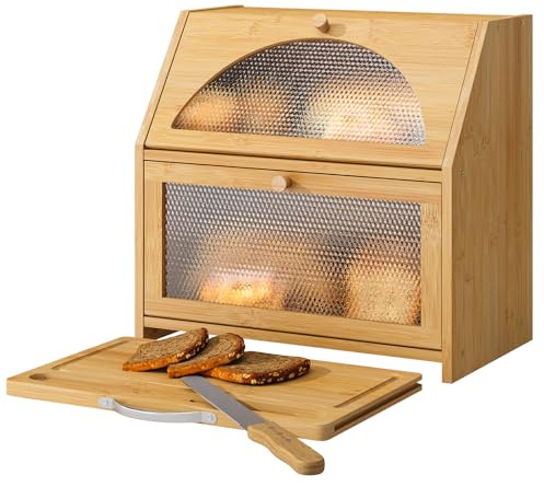Bamboo Bread Box with Cutting Board, Double Layer Extra Large Bread Storage Bin with Door Panel for Kitchen Counter (Natural)