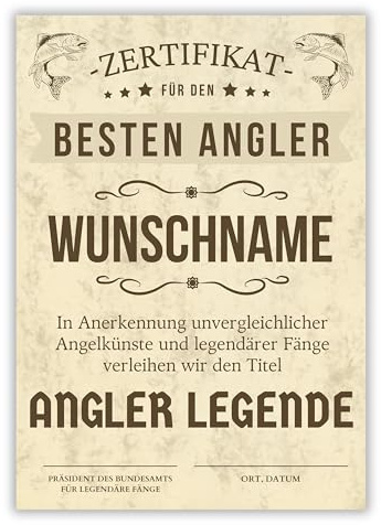 Palanemo Urkunde Angeln Personalisiert Geschenk Poster Zertifikat Geburtstag lustiger Scherzartikel für Angler Männer