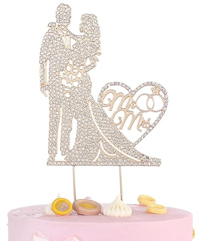 GVSS Tortenfigur Hochzeit Gold 23,5 x 10 cm, Topper aus Metall, Bridal und Groom, Dekoration für Hochzeitstorte mit Strass, elegante Dekoration für Verlobung und Valentinstag