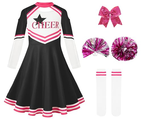LOLANTA Disfraz de Animadora para Niñas, Traje de Uniforme de Animadora de Manga Larga con Pom poms(Negro,7-8 años,130)