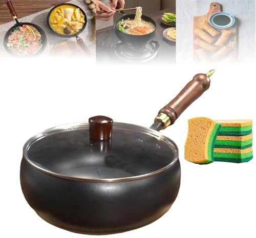 Japanese Iron Pan,Uncoated Iron Pan,Hand-Forged Non-Stick IronPan Without Coating,for Pots On Electric Stoves, Gas Stoves and Induction Cookers(Glass Lid, 28cm/11.02in)