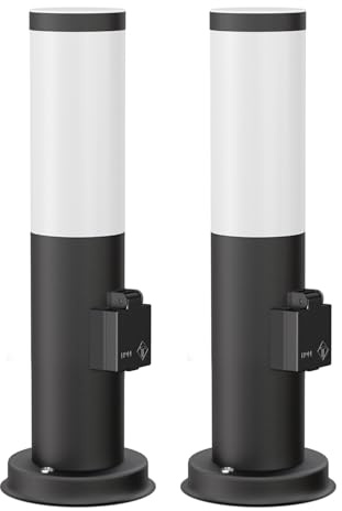 ledscom.de 2x Pollerleuchte PORU Sensor für außen, 38cm, schwarz, Steckdose, inkl. E27 Lampe, Energieeffizienzklasse A (warmweiß, 4W, 935lm)