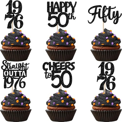 Xsstarmi 30 Pack Happy 50th Birthday Cupcake Toppers Black Glitter Fifty Straight Outta 1976 Cupcake Picks for Cheers to 50 Years 50th Birthday Anniversary Party Cake Decorations