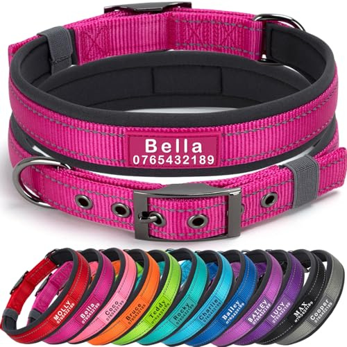 SEOUGEE Personalisiertes Hundehalsband mit Namen und Telefonnummer, strapazierfähige Metallschnalle, ultrabreites, weiches Neopren gepolstert, verstellbares, reflektierendes Hundehalsband für kleine