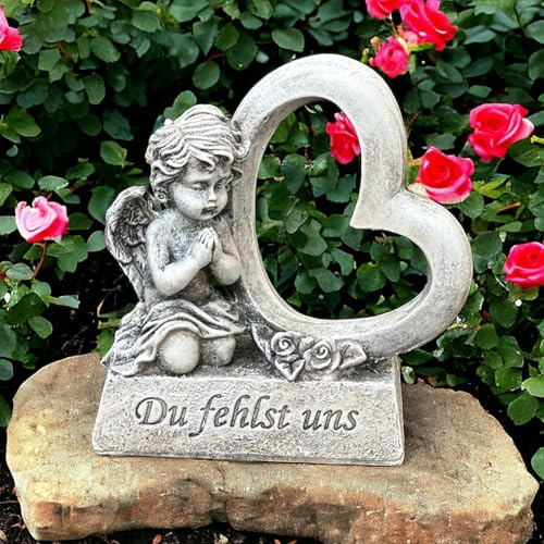 eberin365 GRABWELT – Friedhof Grabengel grau antik 10x4x10,5 cm kniender Trauerengel 'Du fehlst Uns' Trauerherz