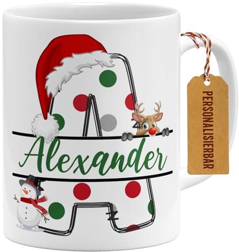 OM3® Personalisierte Weihnachtstasse mit Buchstaben & Name - Individuelle Kaffee-Tasse mit eigenem Namen - Keramik Becher - 325ml - Beidseitig Bedruckt - Weiss