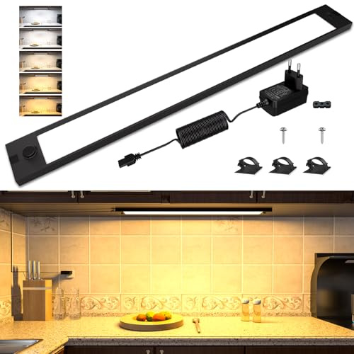 WOBANE 60cm Unterbauleuchte Küche LED, Aluminium, 5 Farben Dimmbar, 1200LM | Helle Schrankbeleuchtung Flach für Regal,Arbeitsplatte,24V,Schwarz