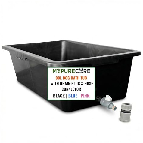 MYPURECORE 90L Dog Bath Tub – Pet Bath Pool with Drain Plug & Hose Connector – Durable Plastic Dog Washing Tub for Indoor & Outdoor Use (BLACK)