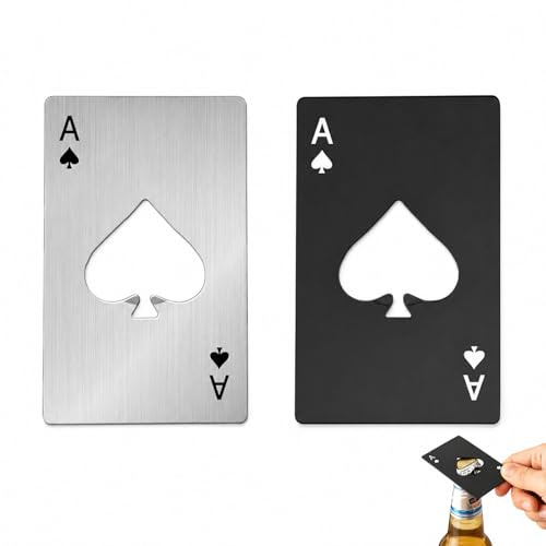 ApexPine 2 Pcs Poker Card Shaped Stainless Steel Bottle Openers | 2 pack black silver poker card bottle openers, credit card size stainless steel for home bar party portable gift use