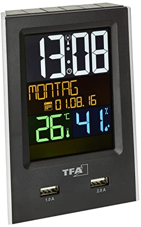 TFA Dostmann Charge-IT digitaler Funk-Wecker, 60.2537.01, mit USB-Ladefunktion, Raumklima, mit Kurzschlaftimer, schwarz, L 95 x B 61 x H 133 mm