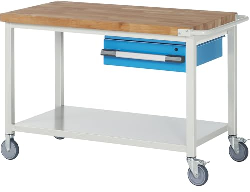 eurokraft | Fahrbare Werkbank Serie 8000 | Gestellbauweise | 1 Hängeschublade | Ablageboden | BxT 1250 x 700 mm
