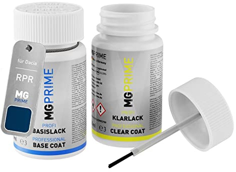 MG PRIME Autolack Lackstift für Dacia RPR Bleu Cosmos Nacre + Klarlack | Kosmos-Blau Perleffekt, Set aus Basislack + Klarlack, Lackfläschchen mit Pinsel, je 50ml