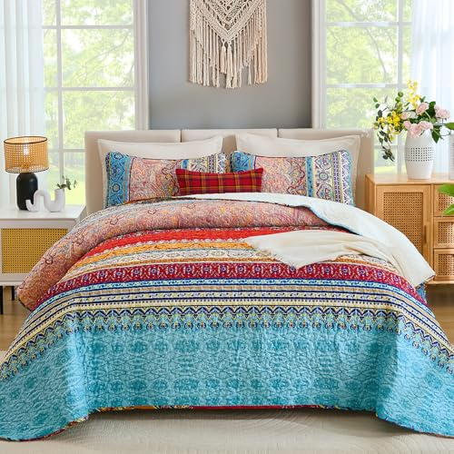 WONGS BEDDING Bohemian Quilt Set Queen Size, Boho Striped Pattern Bedspread Set for All Season, Microfiber Lightweight Coverlet Bedding Set 96x90(3 Pieces, Colorful)
