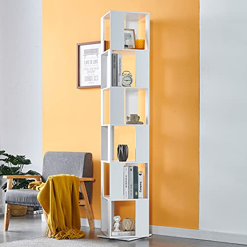 Redd Roayl 6-Tier Rotating Bookcase Tall Slim 360° Spining Bookshelf, Living Room White Swivel Floor Standing Corner Shelf Book Storage Rack Bedroom Home Office Decor