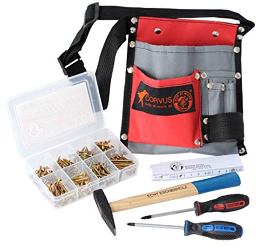 Corvus Werkzeuggürtel Textil enthält: 2 Schraubenzieher Kreuz PH1/PH2, Box Holzschrauben, Meterstab, Hammer