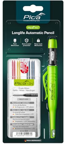 Pica Dry Bundle 30402 I Tieflochmarker 3030 + Spezial-Minen-Set 4020 | Mit Spitzer und Halteclip I Multi-Use Minen (4x Grafit 2B, 2x Rot, 2x Gelb) I nachfüllbar I Staub- und Nässeschutz.